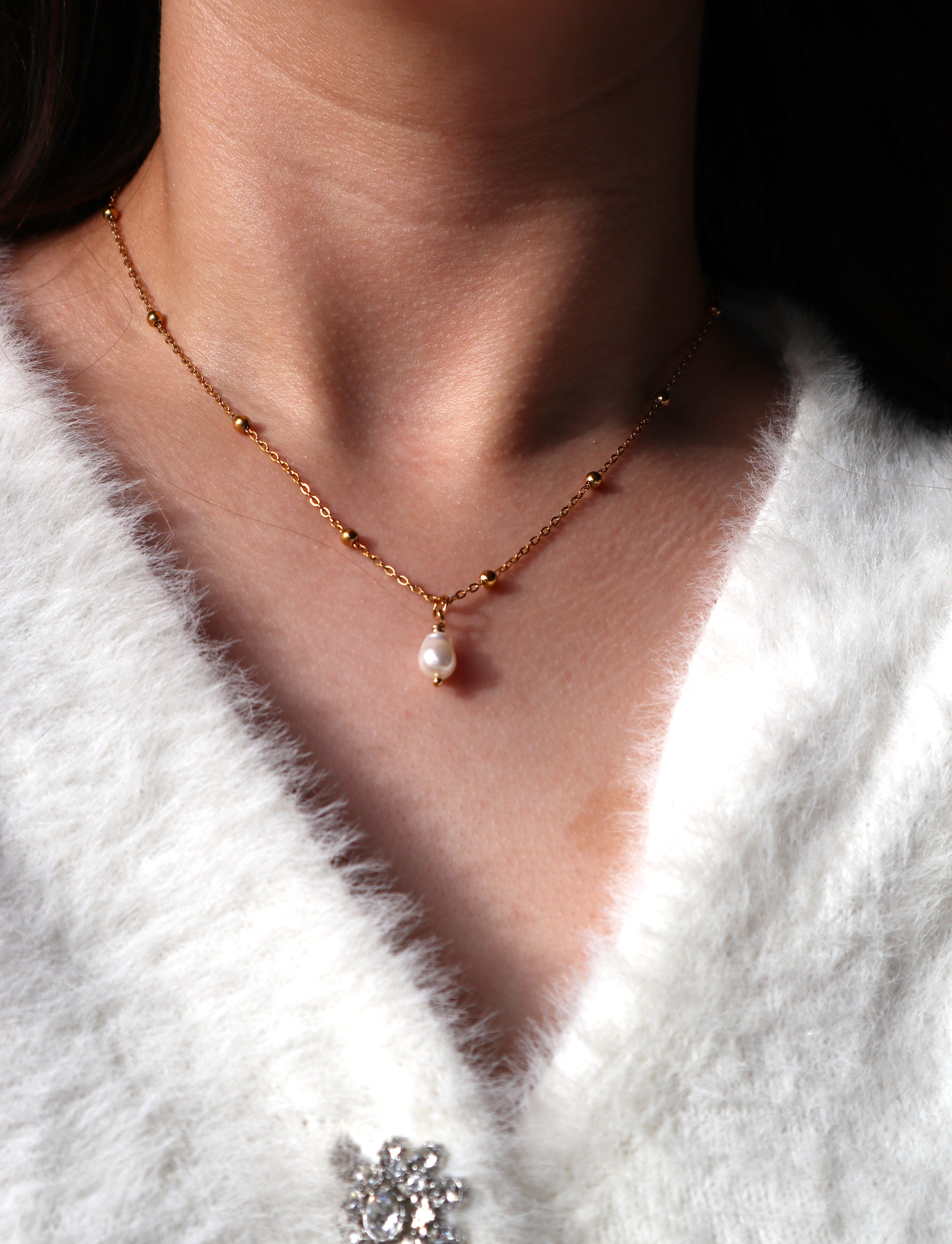 Stainless Steel Ball Chain Pearl Pendant Necklace