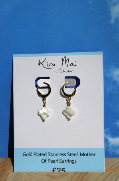 Gold Plated Stainless Steel Mother Of Pearl Earrings
