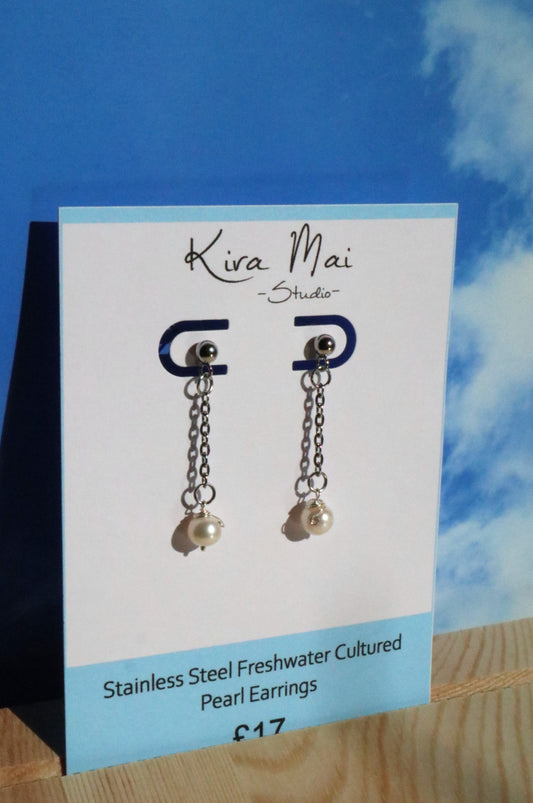 Stainless Steel Chain Drop Pearl Earrings