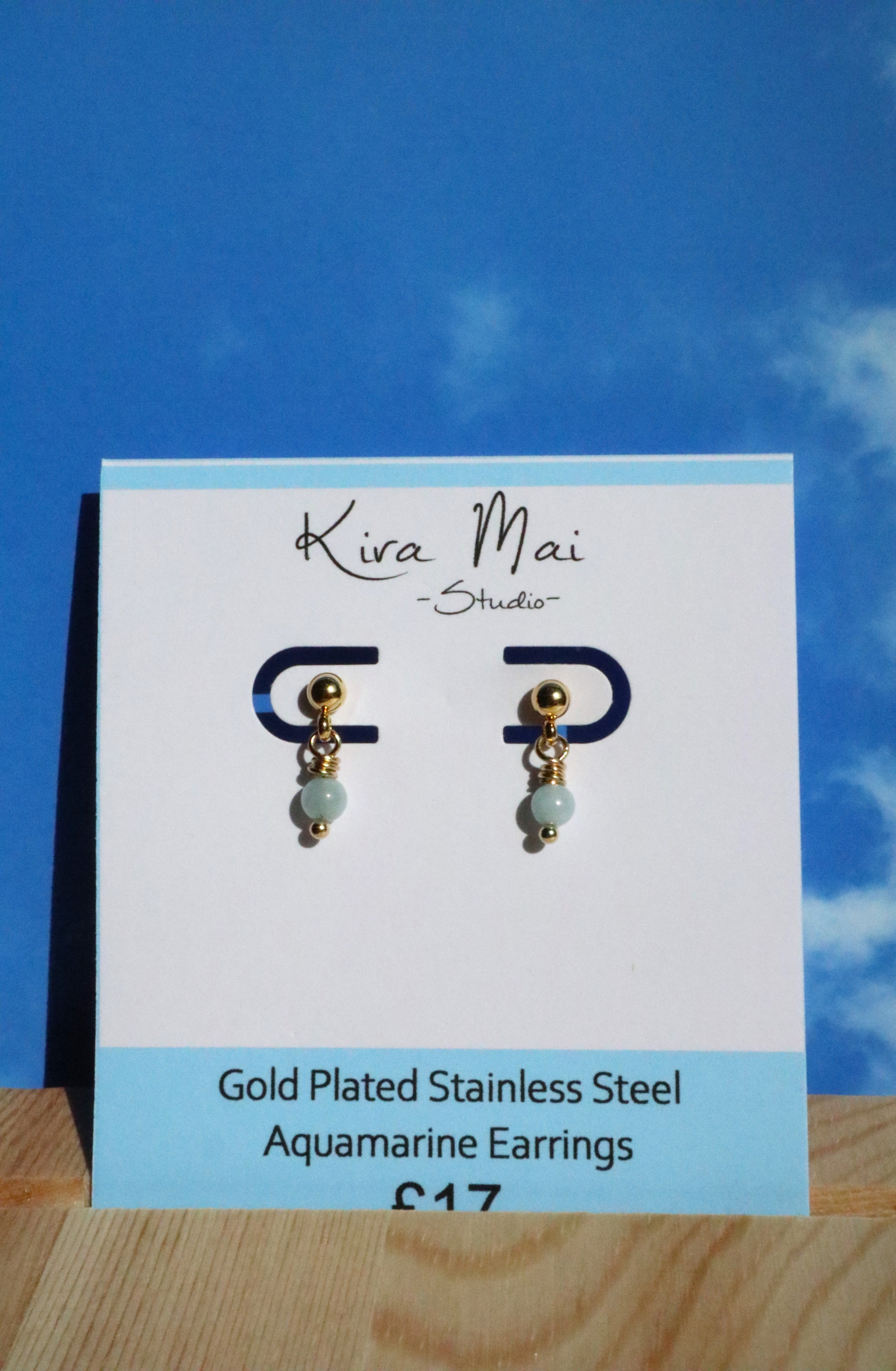 Gold Plated Stainless Steel Aquamarine Earrings