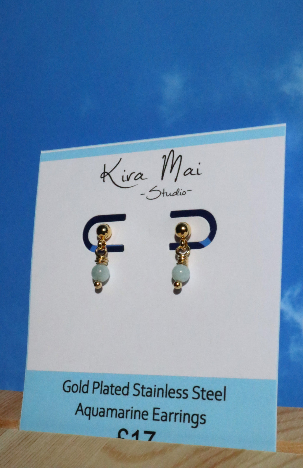 Gold Plated Stainless Steel Aquamarine Earrings