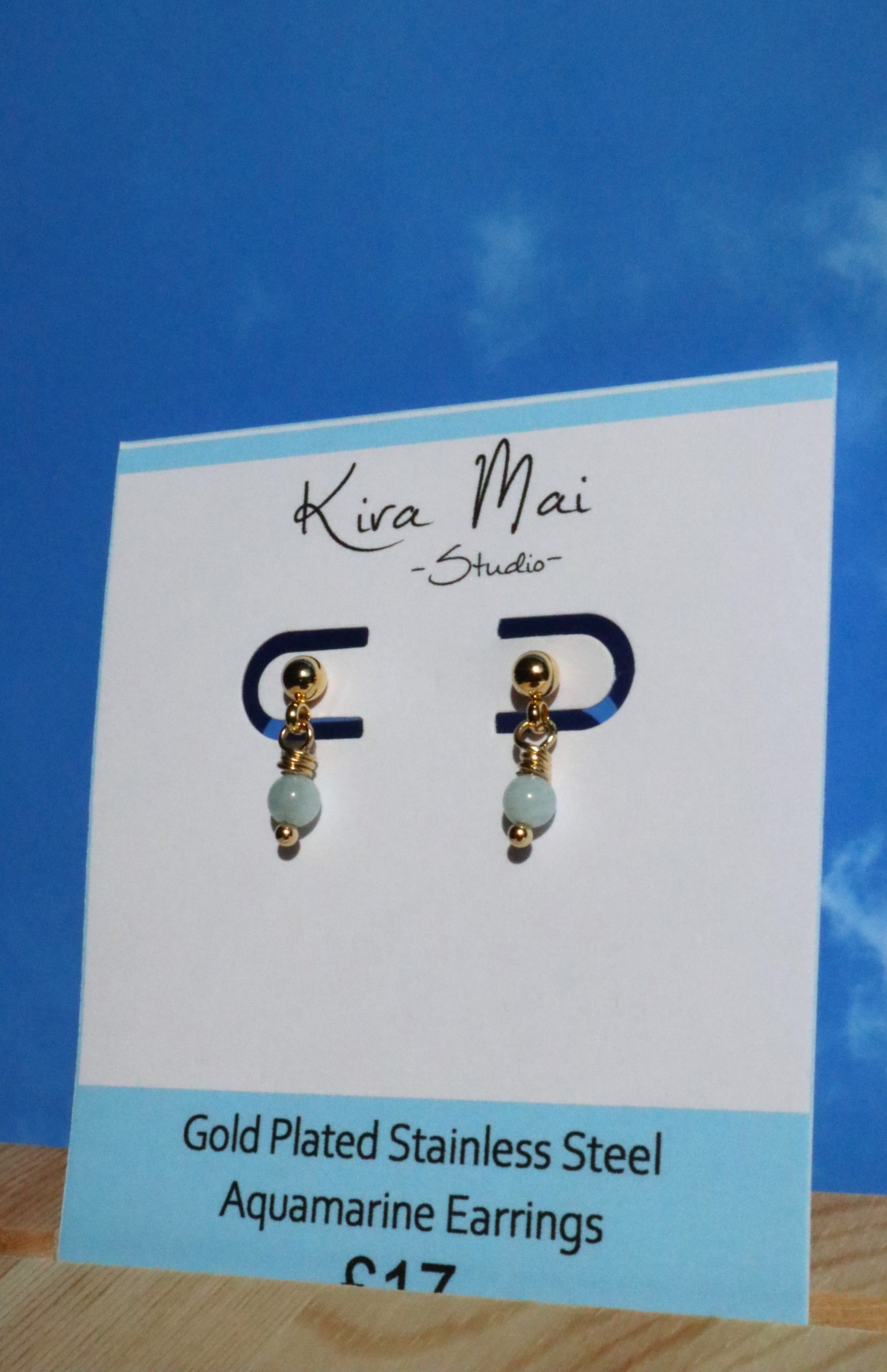 Gold Plated Stainless Steel Aquamarine Earrings